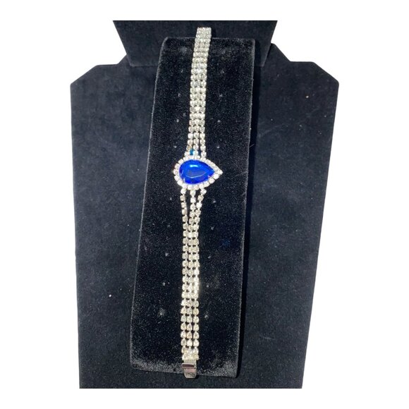 7 Inches Bracelet Blue Pear-Shaped Stone Rhinestone Silver-Toned - Picture 1 of 9